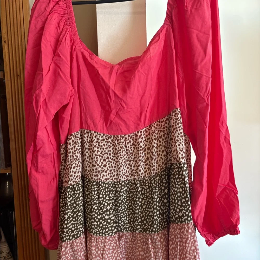 ODDY Hot Pink and Brown Tiered Long Sleeve Dress - Picture 6 of 6